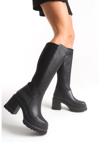Kadın Arkası Streçli Siyah Yuvarlak Burun Orta Topuklu Uzun Çizme