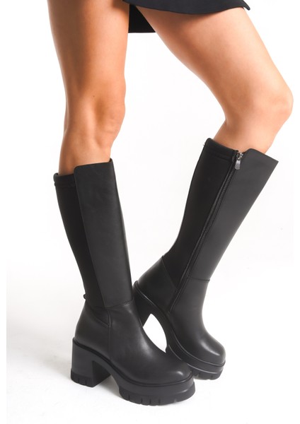 Kadın Arkası Streçli Siyah Yuvarlak Burun Orta Topuklu Uzun Çizme modelleri