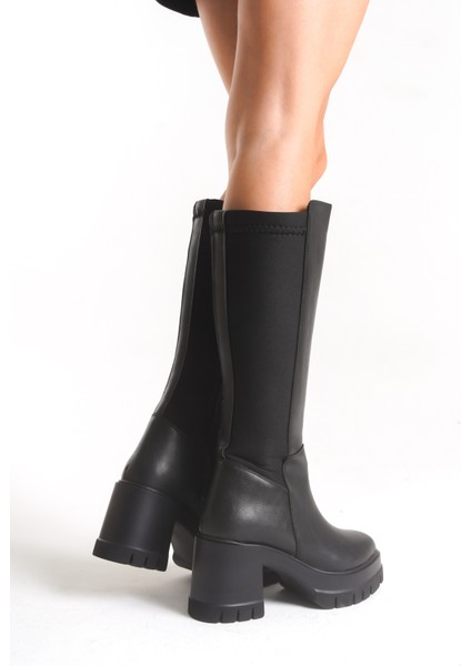 Kadın Arkası Streçli Siyah Yuvarlak Burun Orta Topuklu Uzun Çizme fırsatları