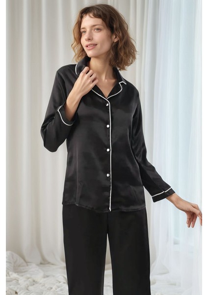 Kadın Siyah Saten Gelin 6'lı Çeyiz Seti Sabahlık & Gecelik & Pijama Şortlu Takım W8U6O3K0KKA