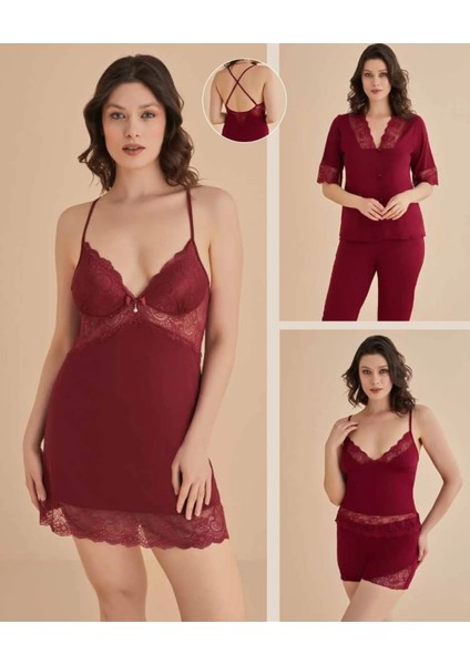 Kadın Bordo Gecelik&sabahlık&şortlu Takım&pijama Takımı 6'lı Penye Gelin Çeyizlik Set W.5D.U4K.CH8.S