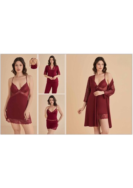 Kadın Bordo Gecelik&sabahlık&şortlu Takım&pijama Takımı 6'lı Penye Gelin Çeyizlik Set W.5D.U4K.CH8.S fiyatları