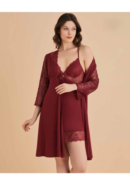 Kadın Bordo Gecelik&sabahlık&şortlu Takım&pijama Takımı 6'lı Penye Gelin Çeyizlik Set W.5D.U4K.CH8.S modelleri