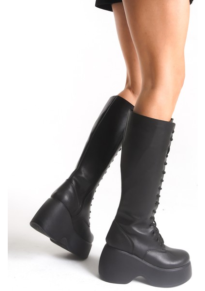 Kalın Yüksek Dolgu Topuklu Fermuarlı Diz Altı Siyah Sade Bağcıklı Kadın Çizme indirimleri