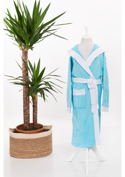 Kapşonlu Kız Erkek Lüx Kadife Çocuk Bornozu Turkuaz