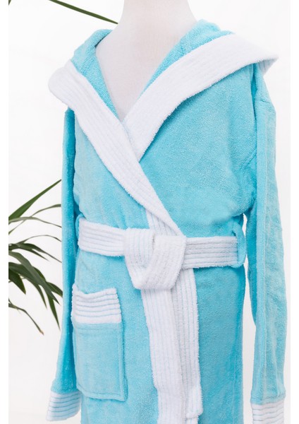 Kapşonlu Kız Erkek Lüx Kadife Çocuk Bornozu Turkuaz modelleri