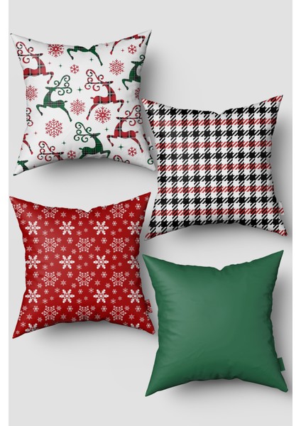 Noel Temalı Yeşil Kırmızı Kazayağı ve Kar Taneleri Yılbaşı 4'lü Kırlent Kılıfı Seti