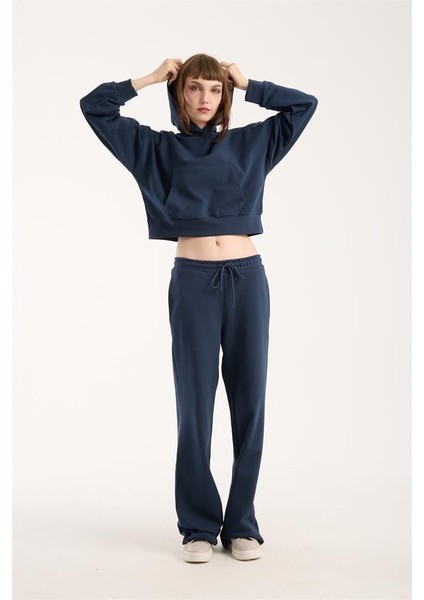 %100 Pamuk Kadın Kapüşonlu Cepli Sweatshirt + Pantolon Takımı (2 Parça) fırsatları