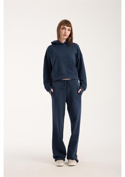 %100 Pamuk Kadın Kapüşonlu Cepli Sweatshirt + Pantolon Takımı (2 Parça)