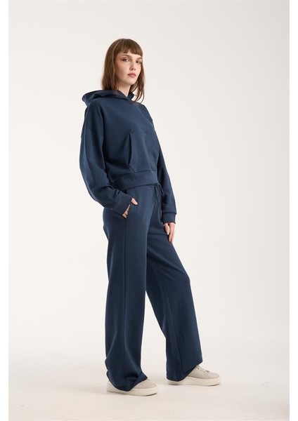 %100 Pamuk Kadın Kapüşonlu Cepli Sweatshirt + Pantolon Takımı (2 Parça)