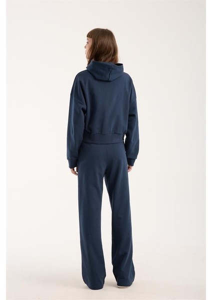%100 Pamuk Kadın Kapüşonlu Cepli Sweatshirt + Pantolon Takımı (2 Parça)