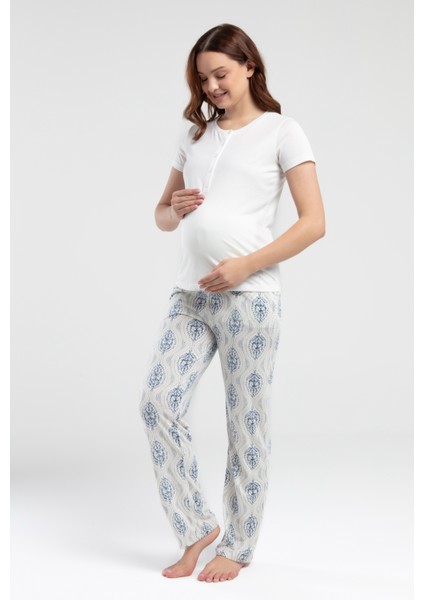 Kadın Krem Yarım Düğmeli Kısa Kol T-Shirt Viskon Kumaş Lohusa Pijama Takımı W4.A3.K6.R7K