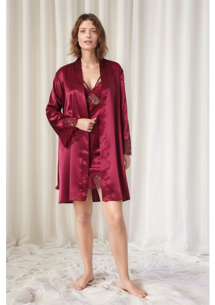 Kadın Bordo Saten Gelin 6'lı Çeyiz Seti Sabahlık & Gecelik & Pijama Şortlu Takım W8U6O7K0KKA