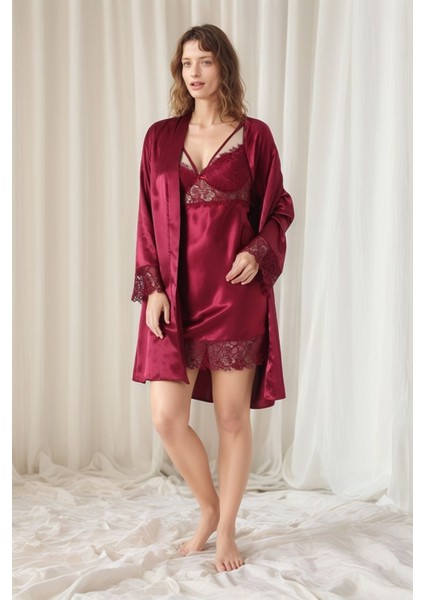 Kadın Bordo Saten Gelin 6'lı Çeyiz Seti Sabahlık & Gecelik & Pijama Şortlu Takım W8U6O7K0KKA indirimleri