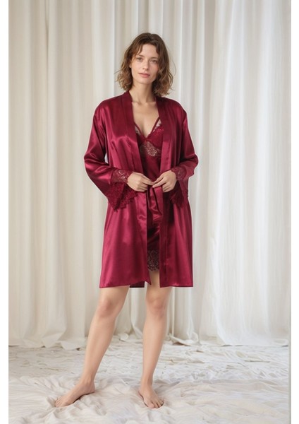 Kadın Bordo Saten Gelin 6'lı Çeyiz Seti Sabahlık & Gecelik & Pijama Şortlu Takım W8U6O7K0KKA