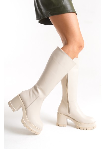 Kadın Bej Kalın Taban Yuvarlak Burun Platform Topuklu Deri Görünümlü Fermuarlı Uzun Çizme