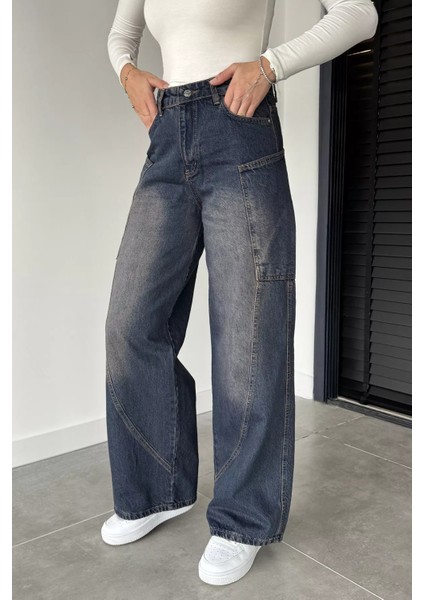 Kadın Yüksek Bel Kargo Cepli Bol Kesim Jean Kot Pantolon P-00018868