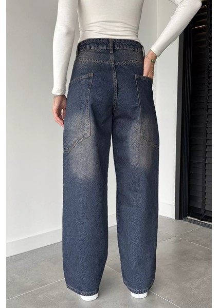 Kadın Yüksek Bel Kargo Cepli Bol Kesim Jean Kot Pantolon P-00018868 fırsatları