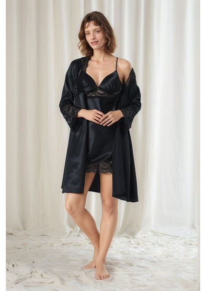 Kadın Siyah Saten Gelin 6'lı Çeyiz Seti Sabahlık & Gecelik & Pijama Şortlu Takım W8U6O1K0KKA