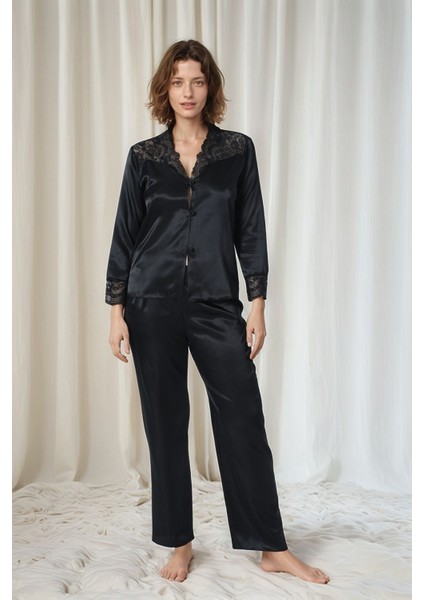 Kadın Siyah Saten Gelin 6'lı Çeyiz Seti Sabahlık & Gecelik & Pijama Şortlu Takım W8U6O1K0KKA