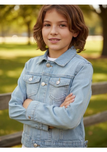 Unisex Çocuk Çift Cepli Dügmeli Kot Erkek Çocuk Ceket