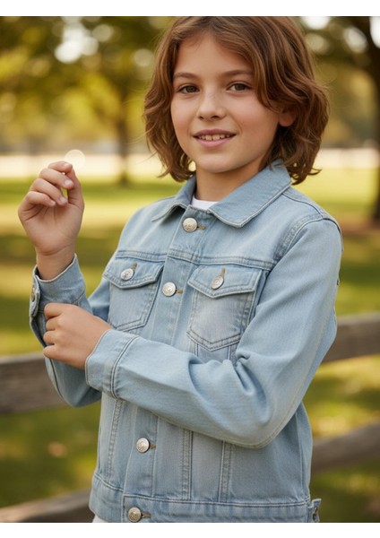 Unisex Çocuk Çift Cepli Dügmeli Kot Erkek Çocuk Ceket modelleri