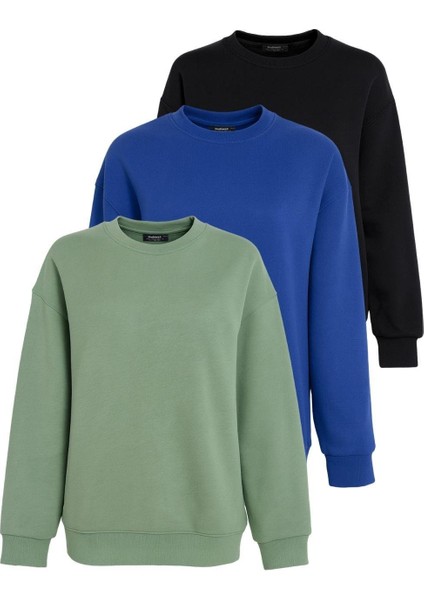 Mint Yeşili/siyah/saks Bisiklet Yaka Basic 3'lü Paket Sweatshirt MG2595