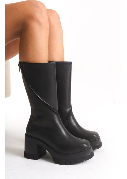 Kadın Siyah Yuvarlak Burun Kalın Tabanlı Fermuarlı Platform Topuklu Uzun Çizme fiyatları