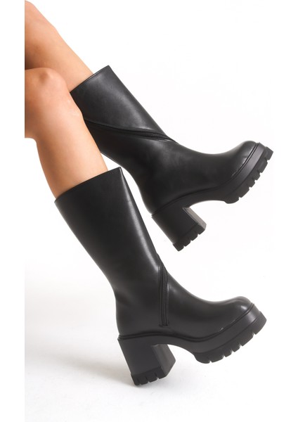 Kadın Siyah Yuvarlak Burun Kalın Tabanlı Fermuarlı Platform Topuklu Uzun Çizme modelleri
