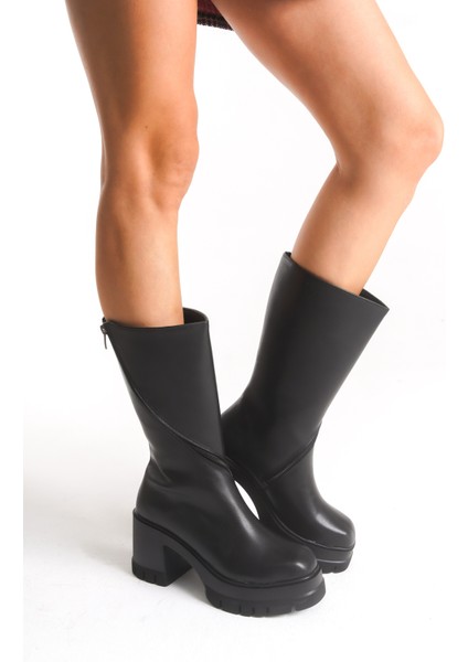 Kadın Siyah Yuvarlak Burun Kalın Tabanlı Fermuarlı Platform Topuklu Uzun Çizme fırsatları