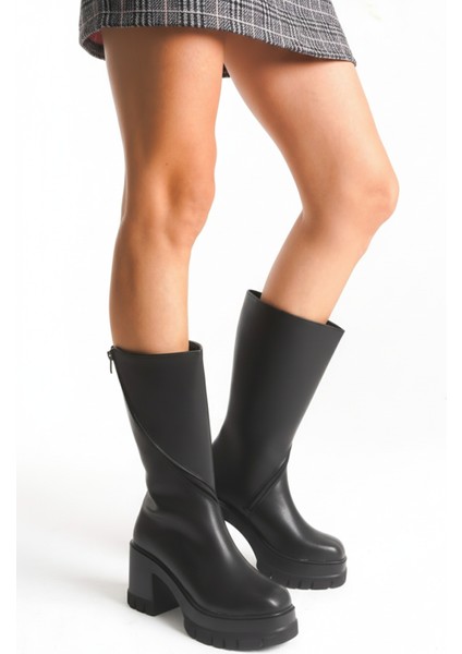 Kadın Siyah Yuvarlak Burun Kalın Tabanlı Fermuarlı Platform Topuklu Uzun Çizme indirimleri