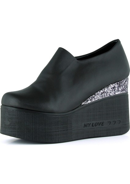 Lumi Siyah Vegan Yuvarlak Burun Taşlı Gizli Dolgu Topuklu Günlük Ayakkabı