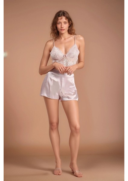 Kadın Pudra Saten Gelin 6'lı Çeyiz Seti Sabahlık & Gecelik & Pijama Şortlu Takım W8U6O2K0KKA