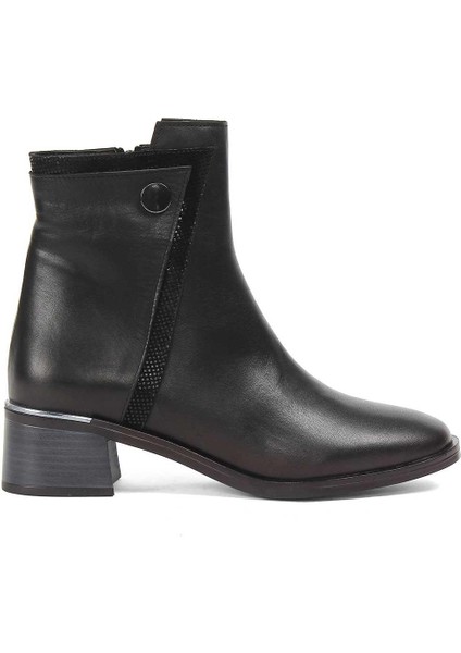 Kadın Siyah Fermuarlı Kalın Topuklu Deri Bot