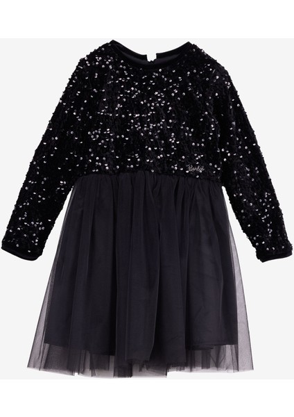 Pullu Siyah Kız Çocuk Abiye Elbise BRB5WG-ELB6661