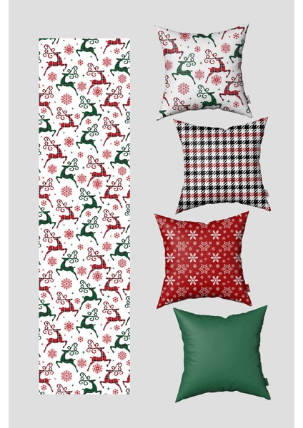 Noel Temalı Yeşil Kırmızı Kazayağı ve Kar Taneleri Yılbaşı 4 Kırlent Kılıfı 1 Runner Seti