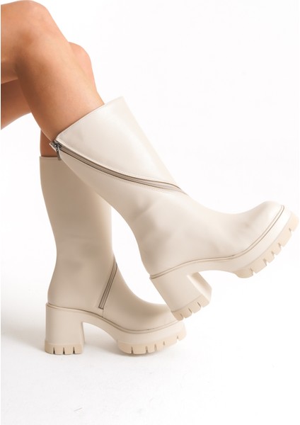 Kadın Yuvarlak Burun Kalın Tabanlı Fermuarlı Platform Topuklu Bej Uzun Çizme fiyatları