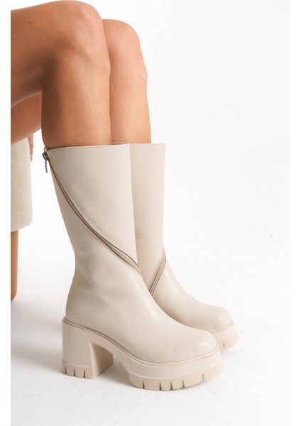 Kadın Yuvarlak Burun Kalın Tabanlı Fermuarlı Platform Topuklu Bej Uzun Çizme indirimleri