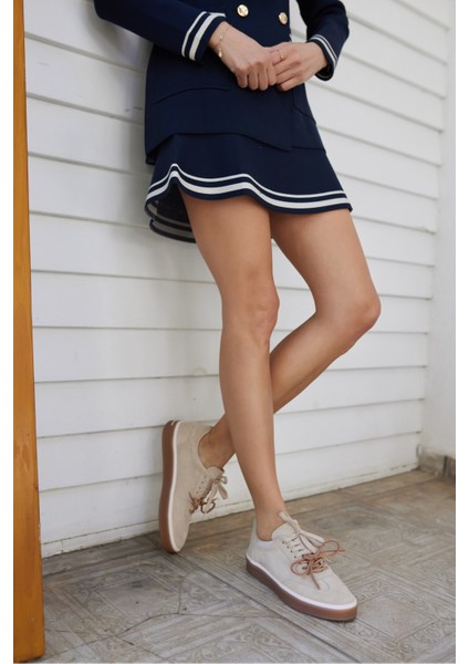 Paok Kadın Lacivert Gercek Suet Bagcık Detay Sneaker