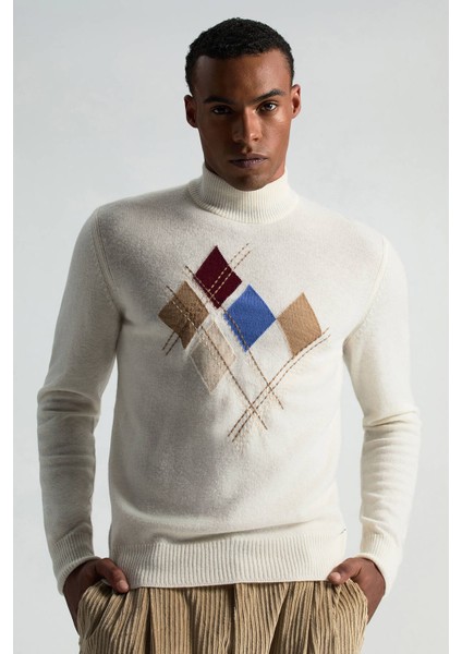 Lambswool Yün Argyle Desenli Yarım Balıkçı Yaka Ekru Kazak