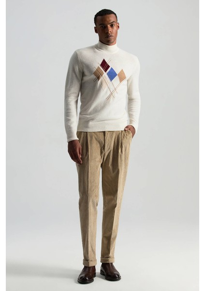 Lambswool Yün Argyle Desenli Yarım Balıkçı Yaka Ekru Kazak fiyatları