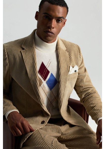 Lambswool Yün Argyle Desenli Yarım Balıkçı Yaka Ekru Kazak modelleri