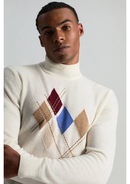 Lambswool Yün Argyle Desenli Yarım Balıkçı Yaka Ekru Kazak fırsatları