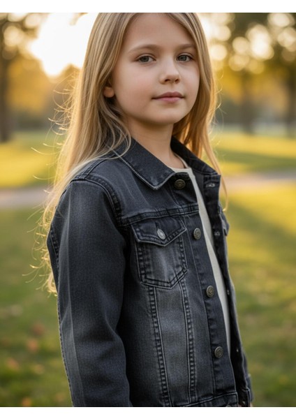 Unisex Çocuk Çift Cepli Dügmeli Kot Erkek Çocuk Ceket