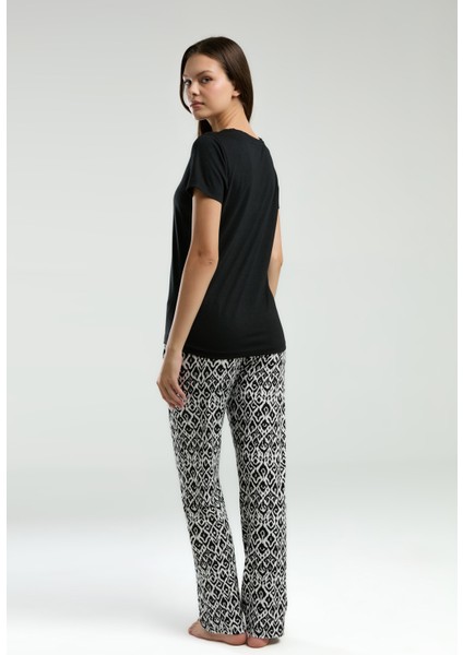 Kadın Siyah Renk Viskon Kumaş V Yaka Kısa Kollu Ikili Takım fiyatları