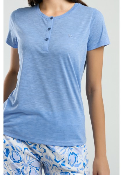 Kadın Yarım Patlı Kısa Kol T-Shirt Bürümcük Kumaş Alt Pijama Takımı fiyatları