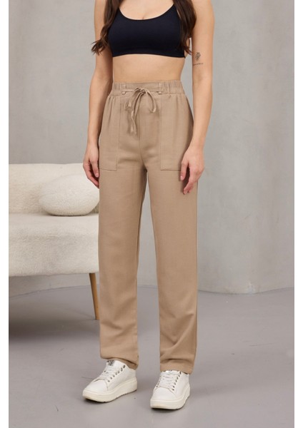 Kadın Yüksek Bel Keten Karışımlı Havuç Pantolon