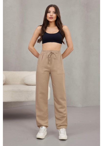 Kadın Yüksek Bel Keten Karışımlı Havuç Pantolon