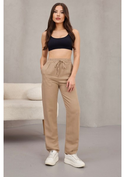 Kadın Yüksek Bel Keten Karışımlı Havuç Pantolon