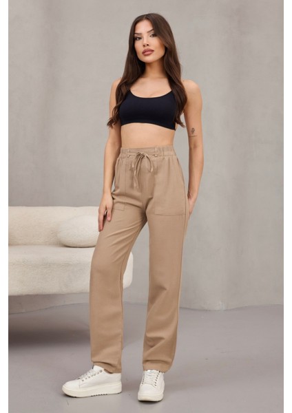 Kadın Yüksek Bel Keten Karışımlı Havuç Pantolon